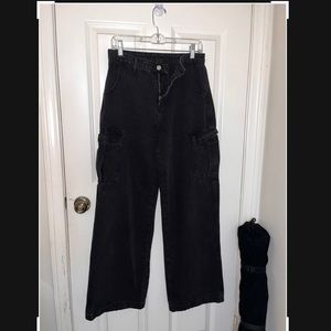 Black washed cargo pants. Size large but fit more of a medium.